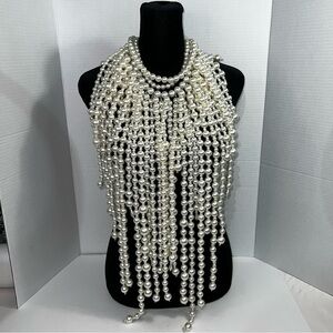Faux Pearl Body Multi Strand Body Chain Necklace Silver-Tone Claw Clamps